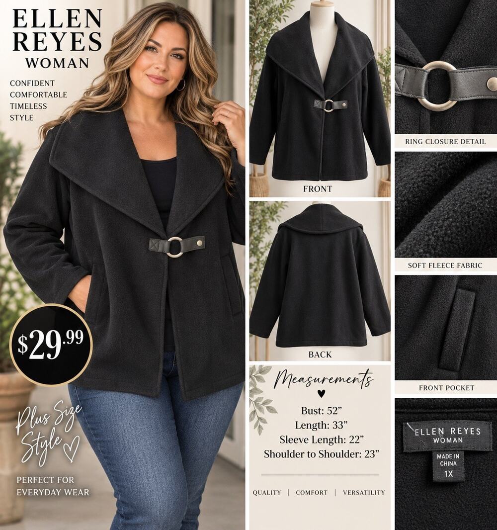 Ellen Reyes Women’s Black Solid Buckle Front Collared Pocket Jacket Plus 1X